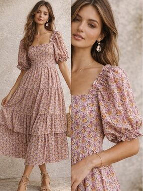 One Loved Babe Floral Tiered Puff-Sleeve Maxi Dress Pink Purple Medium Summer